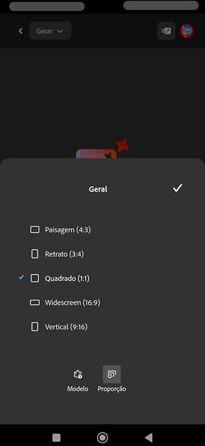 A opção Proporção é selecionada para geração de imagem usando o modelo Imagen 4. Há várias proporções listadas e, no momento, Quadrado (1:1) está selecionado.