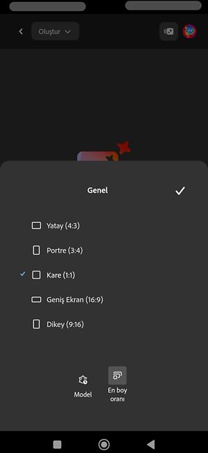 En-boy oranı seçeneği, Imagen 4 modeli kullanılarak görüntü oluşturmak için seçilir. Listelenen birden fazla en-boy oranı vardır ve şu anda Kare (1:1) seçilidir.