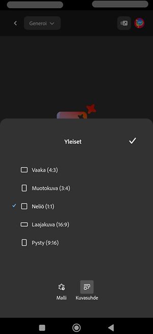 Kuvasuhde-vaihtoehto on valittu kuvan generointiin Imagen 4 -mallin avulla.Luettelossa on useita kuvasuhteita ja tällä hetkellä Neliö (1:1) on valittuna.