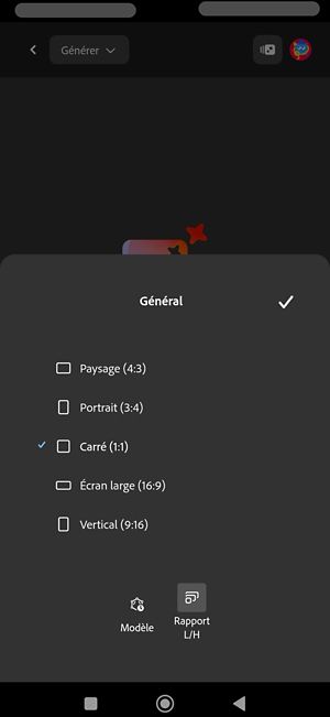 L’option Rapport L/H est sélectionnée pour la génération d’images à l’aide du modèle Imagen 4. Plusieurs formats sont répertoriés et l’option Carré (1:1) est actuellement sélectionnée.