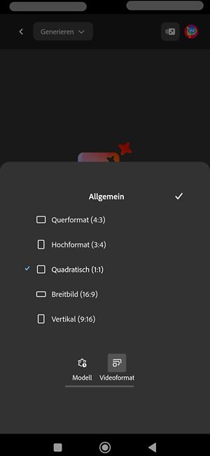 Die Option „Seitenverhältnis“ ist für die Bildgenerierung mit dem Modell „Imagen 4“ ausgewählt.Es sind mehrere Seitenverhältnisse aufgelistet. Derzeit ist „Quadratisch (1:1)“ ausgewählt.