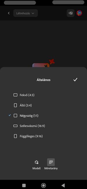 A Méretarány lehetőség ki van választva a kép Imagen 4 modell segítségével való létrehozásához.Több méretarány is meg van adva, és jelenleg a Négyzet (1:1) van kiválasztva.
