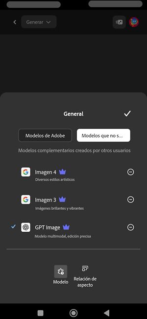 El menú Modelo está abierto y la sección Modelos que no son de Adobe está abierta. Hay modelos de socios disponibles para elegir. Imagen GPT seleccionada.