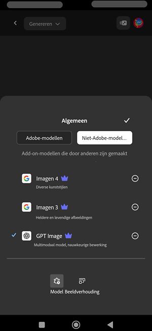 Het menu Model is geopend en het gedeelte Niet-Adobe-modellen is geopend.Er zijn partnermodellen beschikbaar om uit te kiezen.GPT Image is geselecteerd.