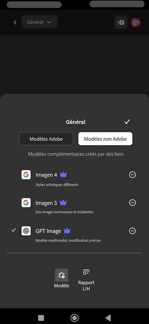 Le menu Modèle est ouvert, tout comme la section Modèles non Adobe. Il existe des modèles partenaires parmi lesquels choisir. L’image GPT est sélectionnée.