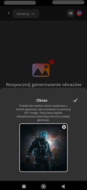 Opcja Obraz jest wybierana w celu wygenerowania obrazu przy użyciu modelu GPT Image. Jako obraz referencyjny dodano zdjęcie astronauty.