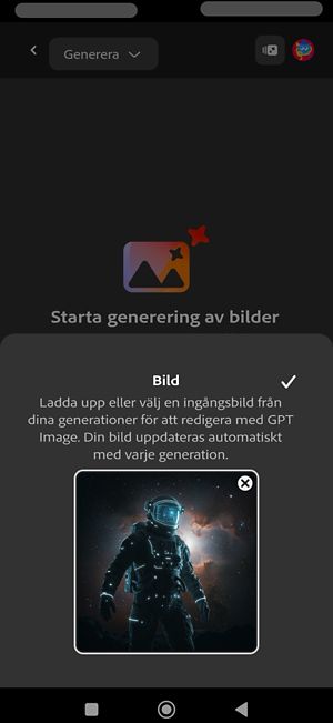 Görüntü seçeneği, GPT Image modeli kullanılarak görüntü oluşturmak için seçilir. Referans görüntü olarak bir astronot görüntüsü eklenmiştir.