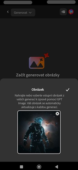 Možnost Obrázek je vybraná pro generování obrázků pomocí modelu GPT Image.Obrázek astronauta je přidaný jako referenční obrázek.