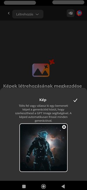 A Kép lehetőség ki van választva a kép GPT Image modell segítségével való létrehozásához.Egy űrhajós képe lett hozzáadva referenciaképként.