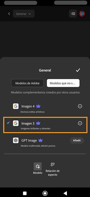 El menú Modelo está abierto y la sección Modelos que no son de Adobe está abierta. Hay modelos de socios disponibles para elegir. Se selecciona Imagen 3.