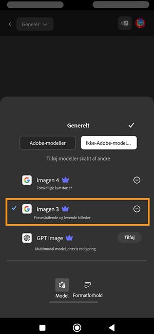 Menuen Model er åben, og afsnittet Ikke-Adobe-modeller er åbent. Der er partnermodeller at vælge imellem. Imagen 3 er valgt.