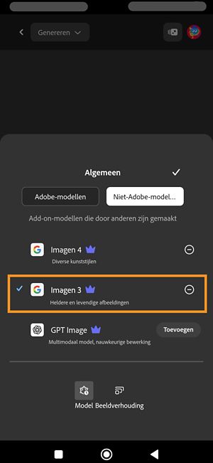 Het menu Model is geopend en het gedeelte Niet-Adobe-modellen is geopend.Er zijn partnermodellen beschikbaar om uit te kiezen.Imagen 3 is geselecteerd.