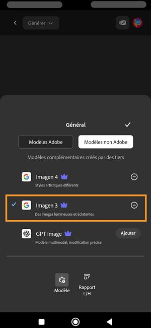 Le menu Modèle est ouvert, tout comme la section Modèles non Adobe. Il existe des modèles partenaires parmi lesquels choisir. Le modèle Imagen 3 est sélectionné.