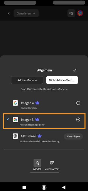 Das Menü „Modell“ ist geöffnet, ebenso der Abschnitt „Drittanbieter-Modelle“. Es stehen verschiedene Partnermodelle zur Auswahl. Imagen 3 ist ausgewählt.