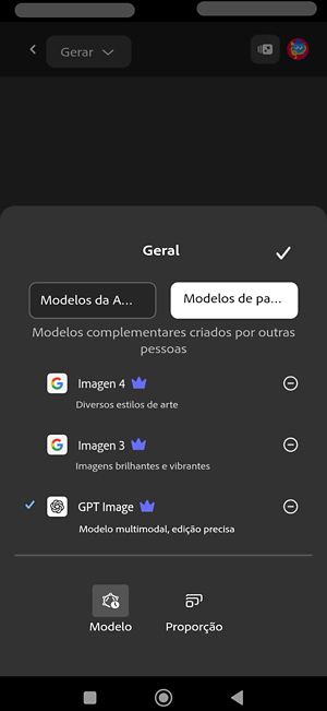O menu suspenso Modelo está aberto e há diferentes modelos de imagem do Firefly listados. Atualmente, o Firefly Image 4 está selecionado.