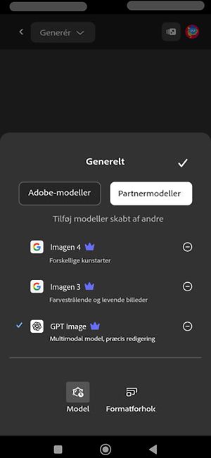 Rullemenuen Model åbnes, og der er forskellige Firefly Image Models vises. Firefly Image 4 er aktuelt valgt.