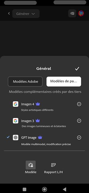 Le menu déroulant Modèle est ouvert et différents modèles Firefly Image y sont répertoriés. Actuellement, le modèle Firefly Image 4 est sélectionné.
