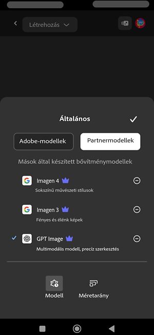 A Modell legördülő menü nyitva van, és különböző Firefly képmodellek vannak felsorolva. Jelenleg a Firefly Image 4 van kiválasztva.