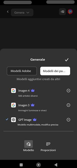 Il menu a discesa dei modelli è aperto e sono elencati diversi modelli Firefly Image. Al momento è selezionato Firefly Image 4.