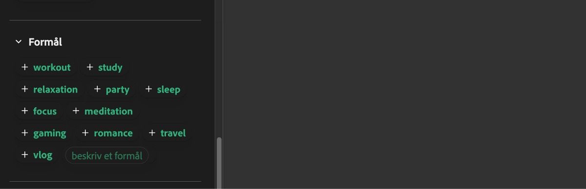 Sektionen Formål viser en liste over input såsom træning, studie, afslapning, fest, søvn og andre.