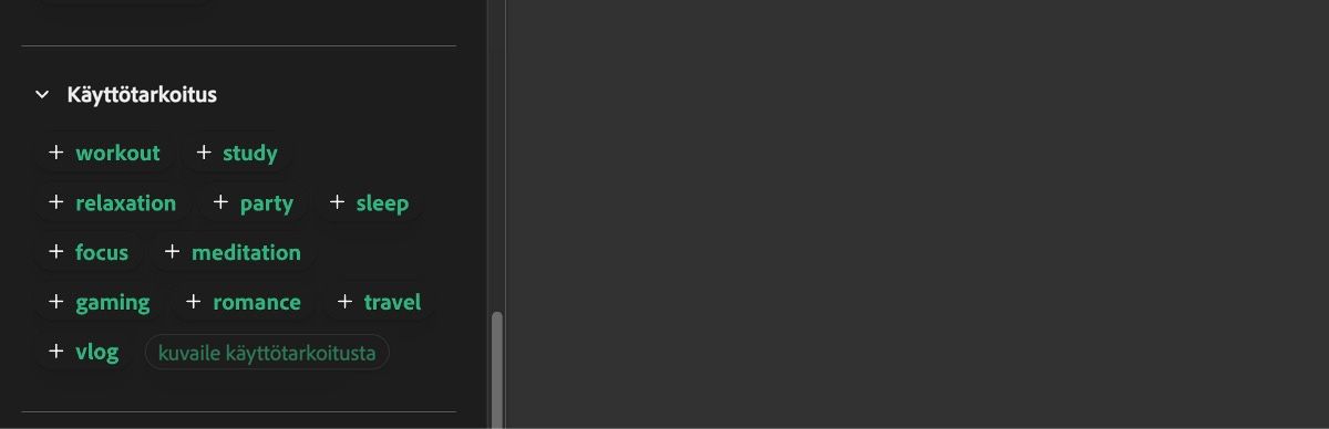 Tarkoitus-osiossa näkyy lista syötteistä kuten treeni, opiskelu, rentoutuminen, juhlat, uni ja muut.