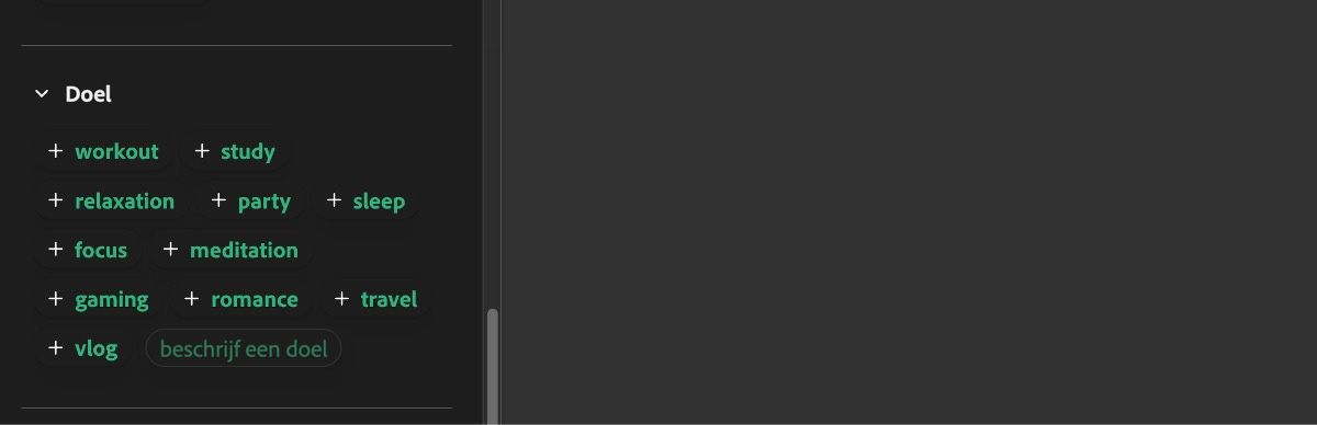 De sectie Doel toont een lijst met invoeropties zoals training, studie, ontspanning, feest, slaap en andere.