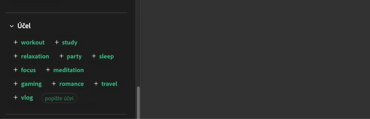 Část Účel zobrazuje seznam vstupů jako cvičení, studium, relaxace, párty, spánek a další.