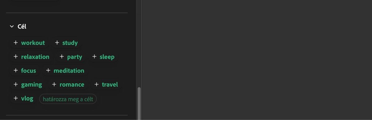 A Cél szakasz olyan bemenetek listáját jeleníti meg, mint az edzés, tanulás, relaxáció, buli, alvás és egyebek.