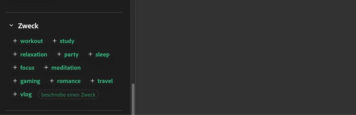 Im Abschnitt „Zweck“ wird eine Liste von Eingaben wie Training, Lernen, Entspannung, Party und Schlaf angezeigt.