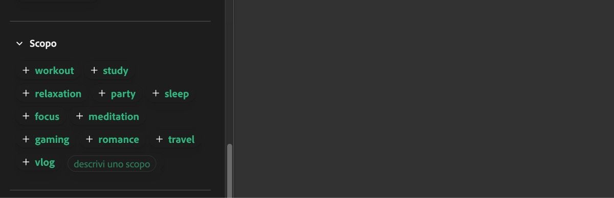 La sezione Scopo mostra un elenco di input come allenamento, studio, relax, festa, sonno e altri ancora.