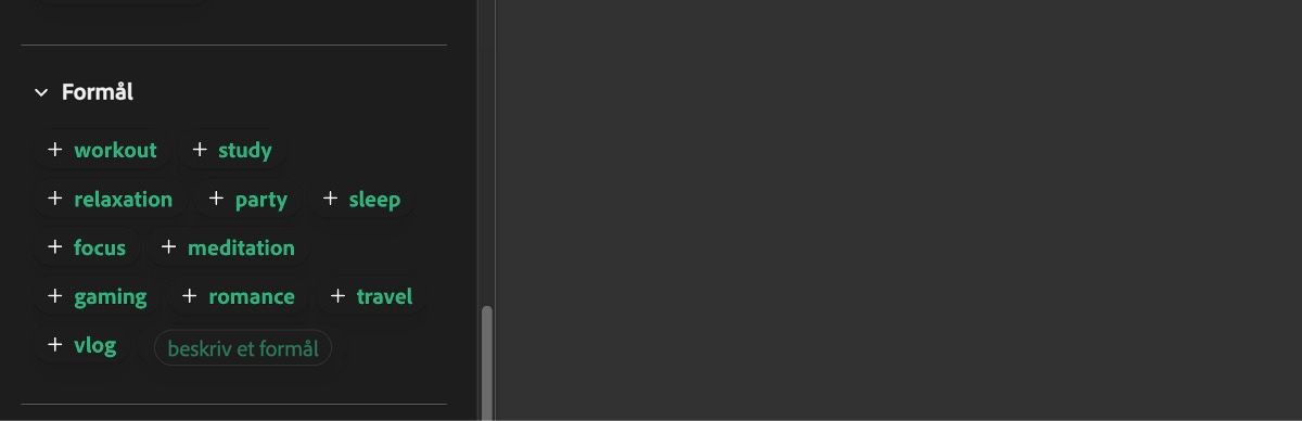 Formål-delen viser en liste med inndata som trening, studier, avslapning, fest, søvn og andre.
