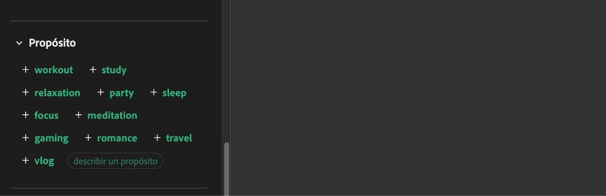 La sección Propósito muestra una lista de entradas como entrenamiento, estudio, relajación, fiesta, sueño, etc.