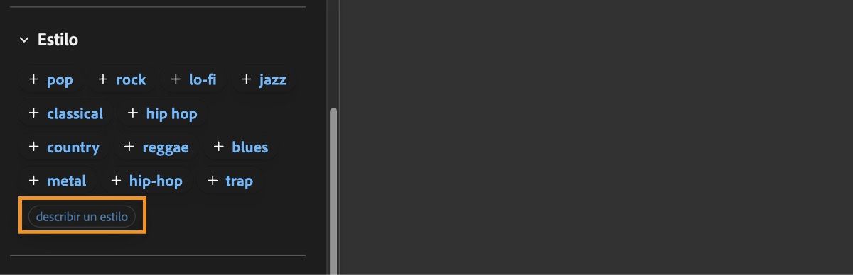 La sección Estilo muestra una lista de ejemplos de entrada y la opción de introducir descriptores adicionales para el estilo de sonido.