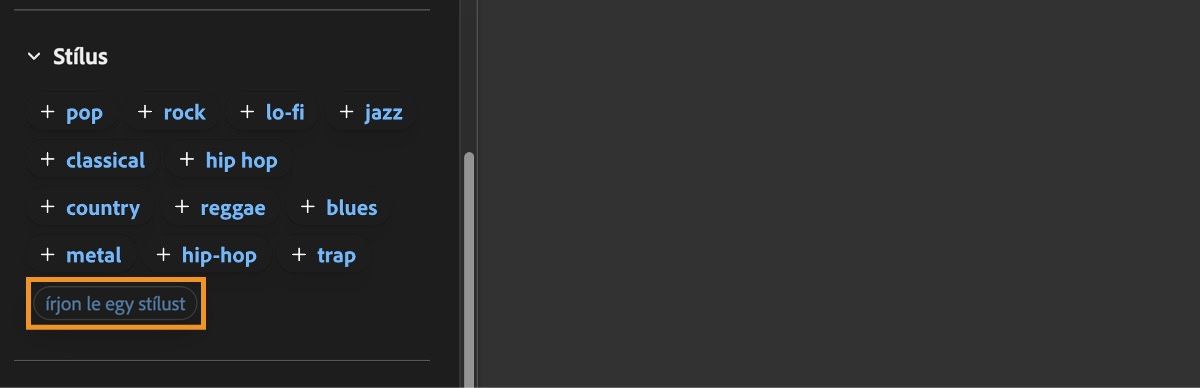 A Stílus szakasz bemeneti példák listáját és további hangstílus-leírók megadásának lehetőségét jeleníti meg.