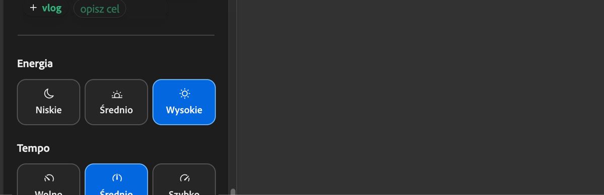 Sekcja Energia wyświetla opcje Niska, Średnia i Wysoka, które służą do definiowania energii generowanej ścieżki dźwiękowej.