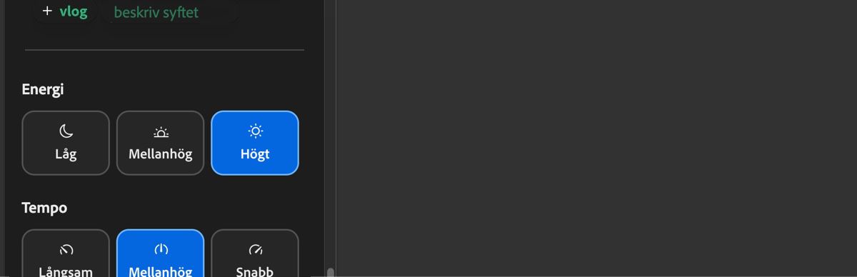 Energiavsnittet visar Låg, Medel och Hög som alternativ för att definiera energin i det genererade ljudspåret.