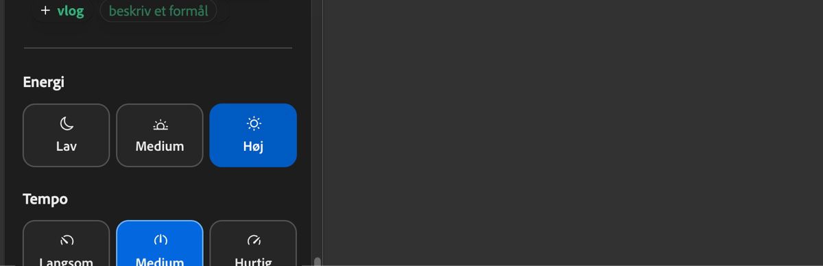 Sektionen Energi viser Lav, Medium og Høj som valgmuligheder til at definere energien i det genererede lydspor.