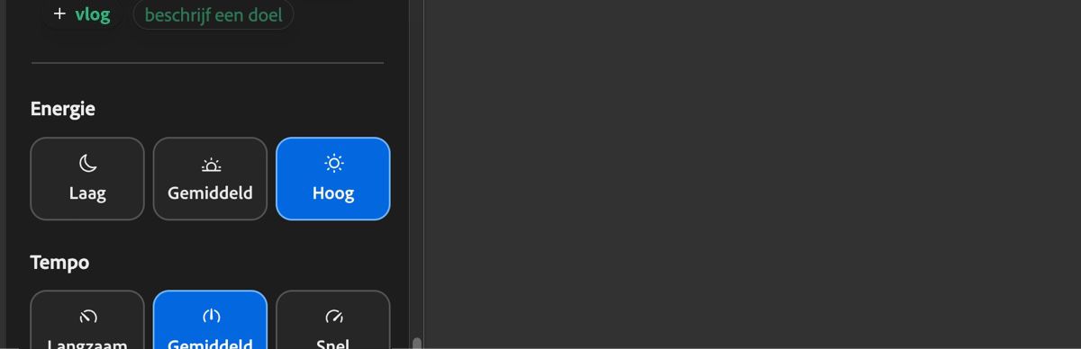 De sectie Energie toont de opties Laag, Medium en Hoog die worden gebruikt om de energie van de gegenereerde soundtrack te definiëren.