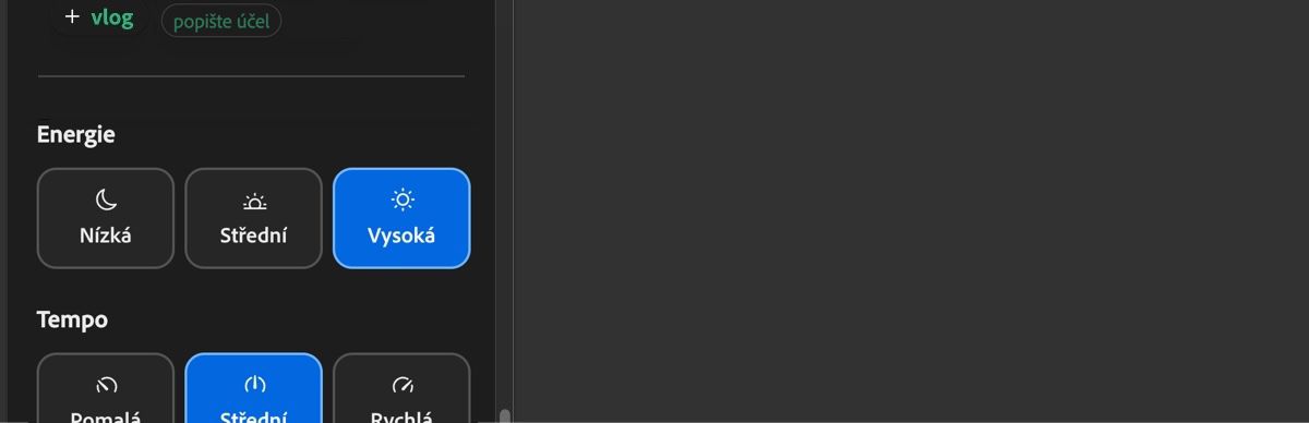 Část Energie zobrazuje možnosti Nízká, Střední a Vysoká používané k definování energie generované zvukové stopy.