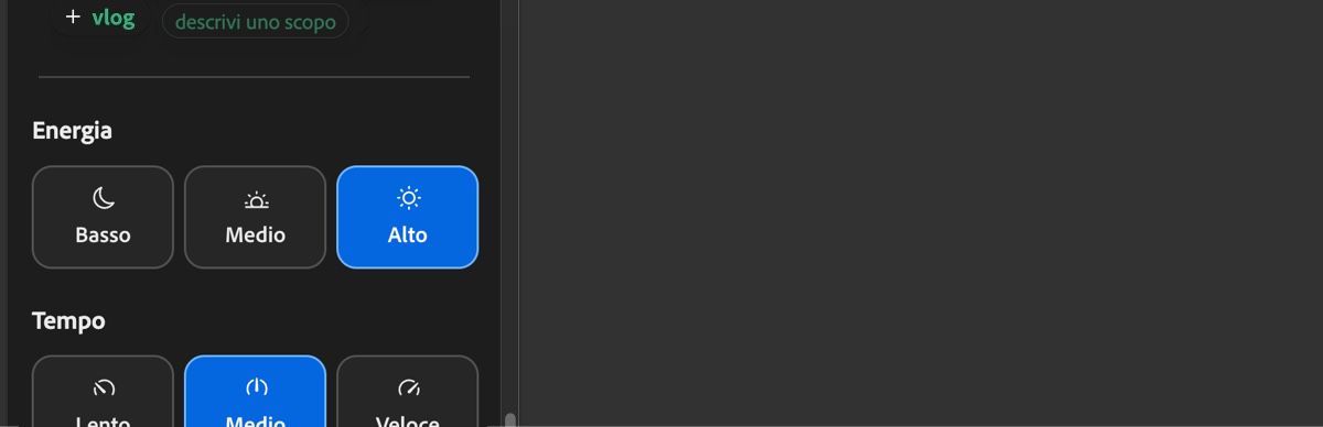 La sezione Intensità mostra le opzioni Bassa, Media e Alta utilizzate per definire l'intensità della colonna sonora generata.