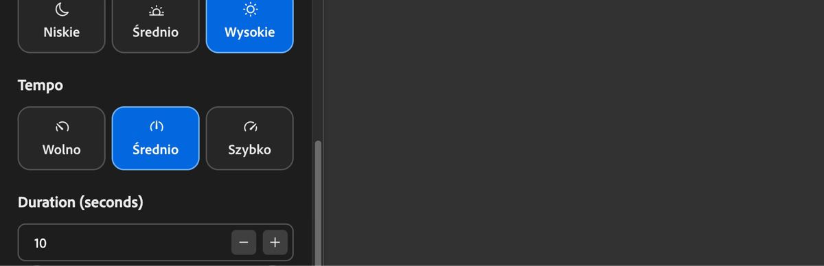 Ustawienia tempa wyświetlają opcje Powolne, Średnie i Szybkie, które służą do regulacji tempa ścieżki dźwiękowej.