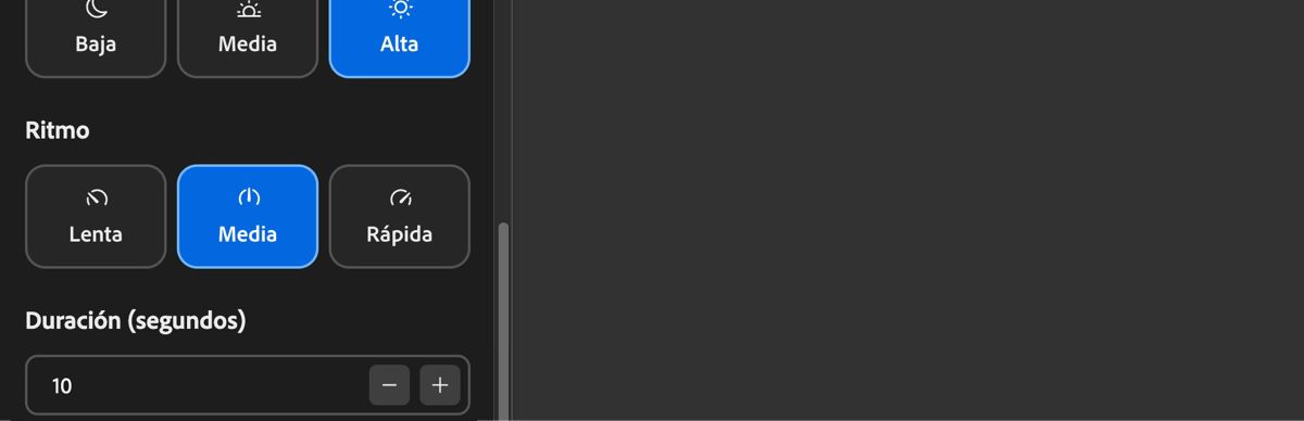 Los ajustes de ritmo muestran las opciones Lento, Medio y Rápido para ajustar el ritmo de la banda sonora.