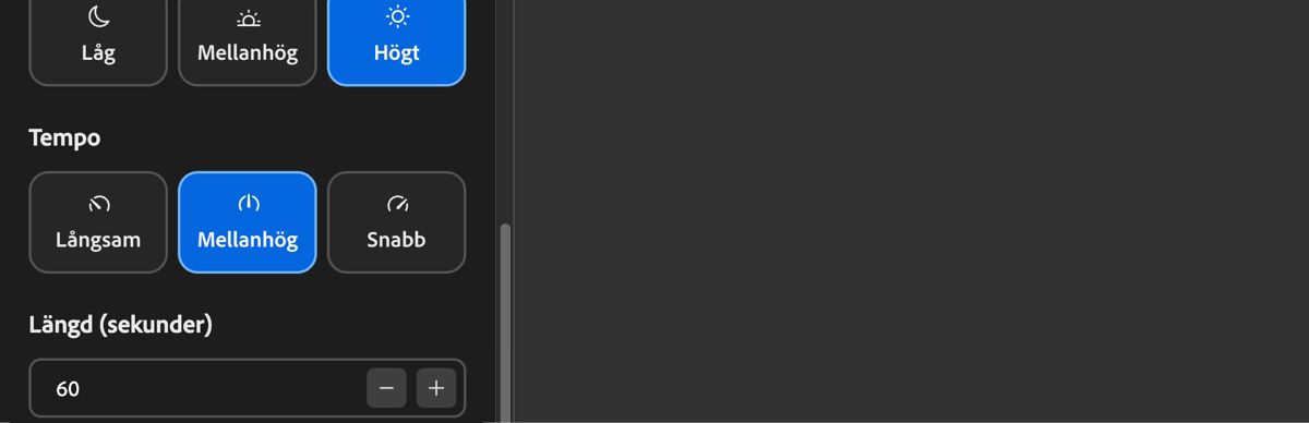 Tempoinställningar visar Långsam, Medel och Snabb som alternativ för att justera ljudspårets takt.