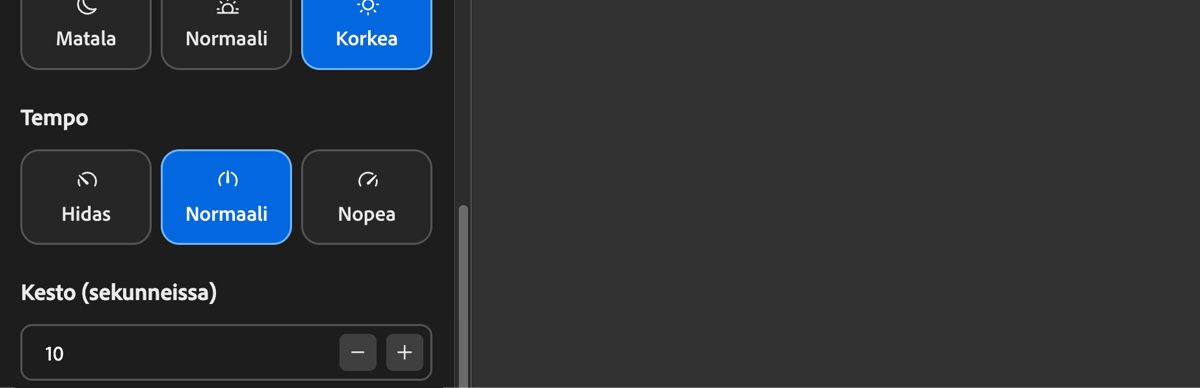 Tempoa kuvaavilla asetuksilla (Hidas, Normaali ja Nopea) voidaan määrittää, mikä on ääniraidan tempo.