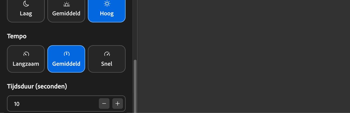 De instellingen voor Tempo Langzaam, Medium en Snel voor het aanpassen van het tempo van de soundtrack.