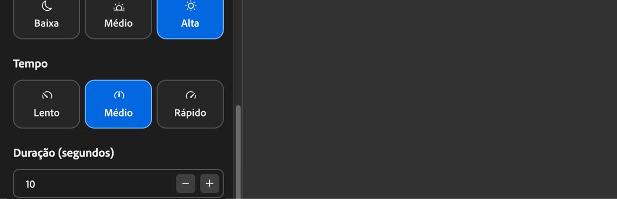 As configurações de andamento exibem as opções Lento, Médio e Rápido para ajustar o ritmo da trilha sonora.