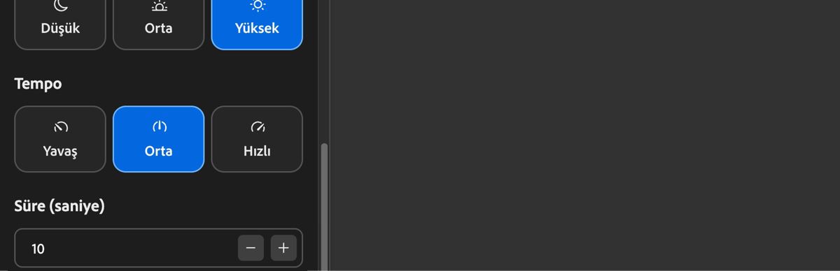 Tempo ayarları, müzik parçasının hızını ayarlamak için Yavaş, Orta ve Hızlı seçeneklerini gösterir.