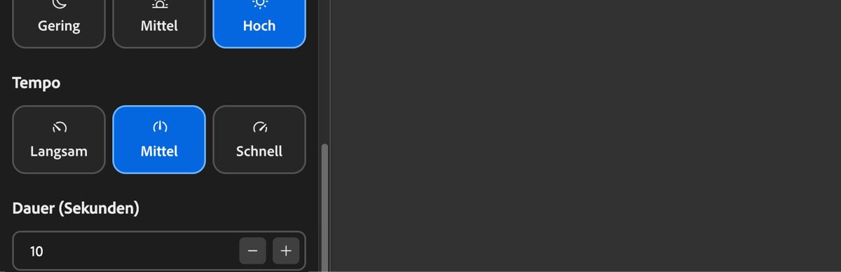 In den Tempo-Einstellungen werden die Optionen „Langsam“, „Mittel“ und „Schnell“ zur Anpassung des Soundtrack-Tempos angezeigt.