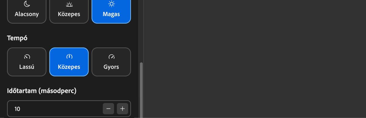 A Tempó beállítások Lassú, Közepes és Gyors opciókat jelenítenek meg a zenei aláfestés ütemének beállításához.
