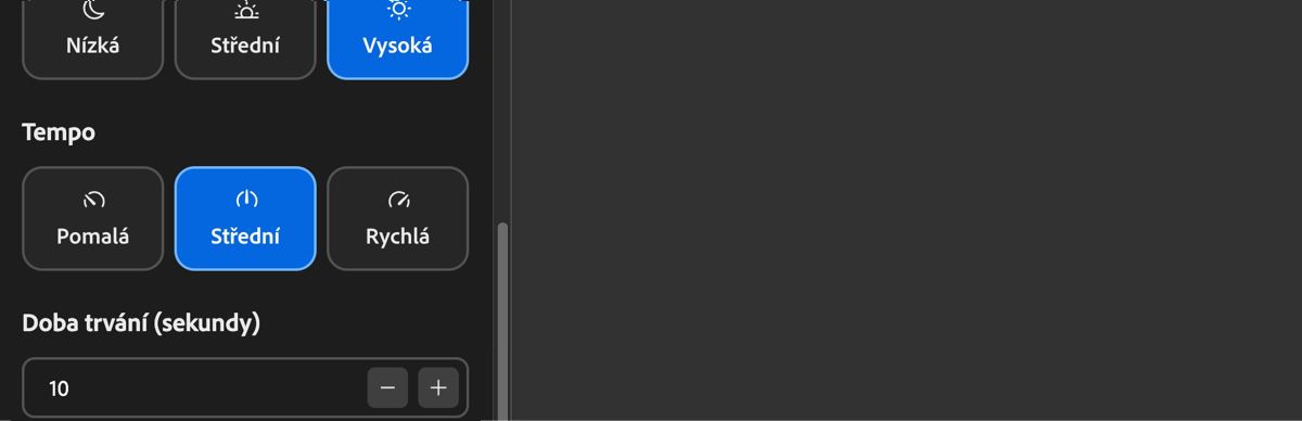 Nastavení tempa zobrazuje možnosti Slow, Medium a Fast pro úpravu rytmu zvukového doprovodu.